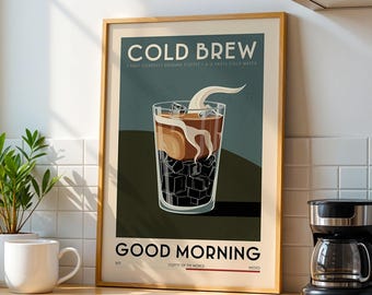 Cold Brew Coffee Poster, Kitchen Coffee Bar Art Print, Coffee Bar Sign | Vintage Coffee Poster | Coffee Types Poster For Coffee Bar