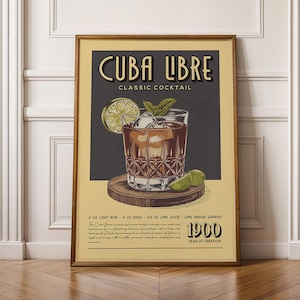 Impresión de cóctel Cuba Libre, póster de cóctel Cuba Libre, arte mural de ron y Coca-Cola, impresiones de carritos de bar, impresiones de bebidas vintage para el hogar.