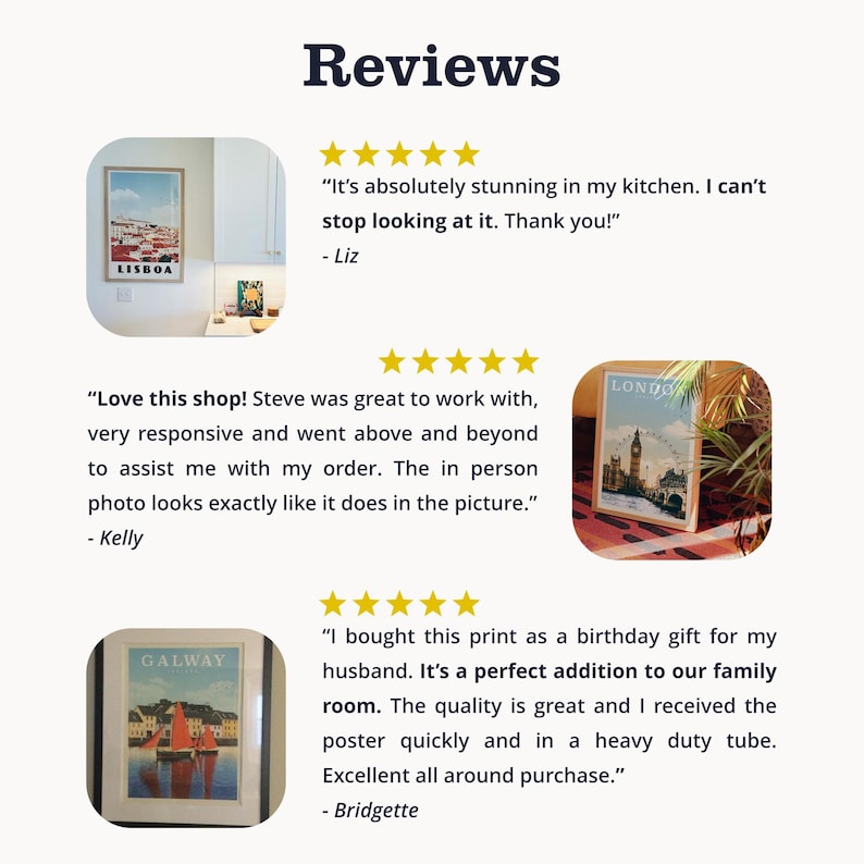 three reviews of a shop, each with a different image of a poster or artwork. The reviews are positive, with the customers expressing their satisfaction with the products and the overall shopping experience.