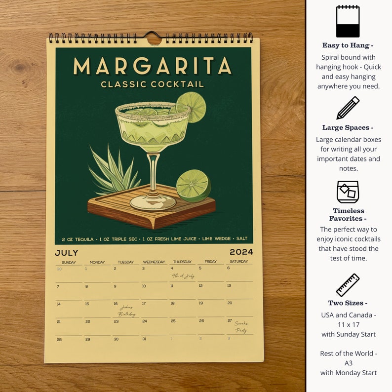 2024 Cocktail Art Wall Calendar, Vintage Alcohol Calendar 2024 Wall Calendar Retro Bar Cart Art Prints Calendar for Home Bar Accessories image 7