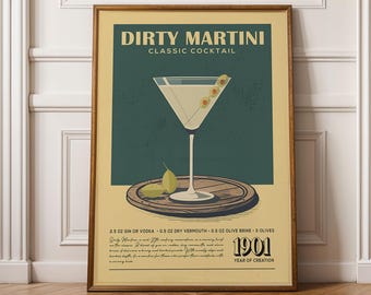 Poster vuile martinicocktail, retro poster vuile martinicocktail | Barwagenafdrukken | Vintage barwagendecor voor thuisbarwagen
