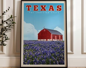 Väggkonst i Texas, reseaffisch i Texas, tryck med Texas Bluebonnet, flagga i Texas, gåvor med delstatssymboler i Texas, sydvästra Texas, Houston, Austin, Dallas