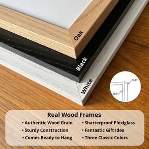 a collection of real wood frames, each with different colors and textures, including oak, black, white, and a plexiglass frame. The frames are described as authentic wood grain, sturdy construction, and comes ready to hang. The image also features a plexiglass frame with a three-class color scheme.