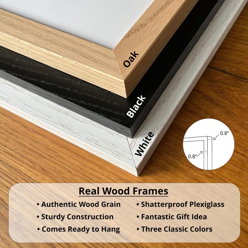 a collection of real wood frames, each with different colors and textures, including oak, black, white, and a plexiglass frame. The frames are described as authentic wood grain, sturdy construction, and comes ready to hang. The image also features a plexiglass frame with a three-class color scheme.