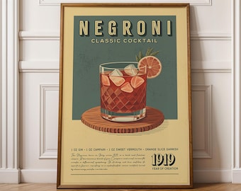 Negroni-cocktailafdruk, negroni-cocktailposter, barmuurkunst, klassieke barwagen kunstafdrukken, retro cocktailafdruk, baraccessoires