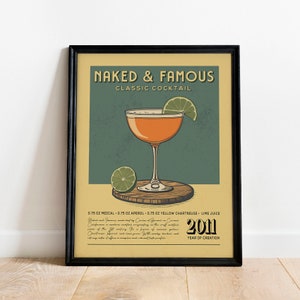 Impresión de cócteles famosos y desnudos, póster de cócteles famosos y desnudos / impresiones de carritos de bar / accesorios de bar de arte de cócteles vintage para el hogar