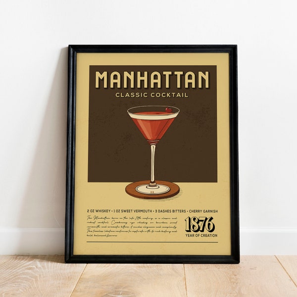 Manhattan Cocktail Print, Manhattan Cocktail Poster, Bar Wall Art, Classic Bar Cart Art Prints, Retro Cocktail Print, Bar Accessories