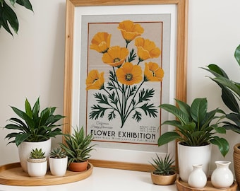 California Poppies Botanical Poster, Retro California Flower Wall Print | Botanical Wall Art for Plant Lover Gift, California Flower Decor