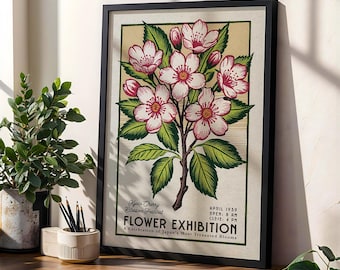 Bloemenmarkt kersenbloesemprint, retro Kyoto-bloemenkunst | Bloemenmarktprint | Kleurrijke botanische kunst, vintage kersenbloesemmuurdecoratie