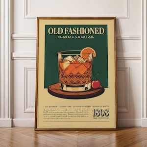 Old Fashioned Cocktail Print, Old Fashioned Cocktail Poster, Bar Wall Art, Classic Bar Cart Art Prints, Retro Print, Bar Accessories