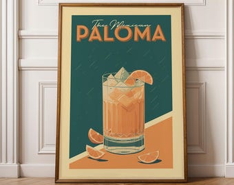 Póster de cóctel Paloma, lámina de cóctel Paloma de estilo moderno de mediados de siglo / Láminas para carrito de bar / Lámina de cóctel vintage para carrito de bar