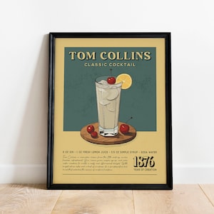 Tom Collins Cocktail Print, Tom Collins Cocktail Poster | Barwagen Drucke | Vintage Alkohol Poster für Home Bar Warenkorb Warenkorb