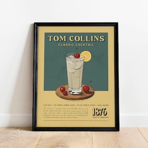 Tom Collins Cocktail Print, Tom Collins Cocktail Poster | Bar Cart Prints | Vintage Alcohol Poster for Home Bar Cart Cart