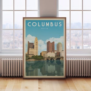 Columbus Travel Poster, Columbus Decor, Mid Century Ohio State Wall Art, Columbus Skyline Print, Columbus Digital Artwork