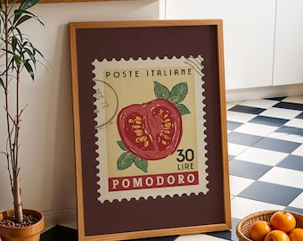 Arte de parede de tomate, pôster de carimbo retrô | Impressão de cozinha retrô | Impressão de arte de comida italiana Pomodoro, decoração de cozinha moderna, presente de comida exclusivo
