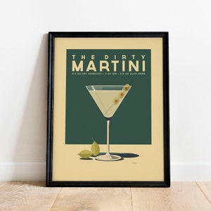 Póster de cóctel Dirty Martini, impresión de cóctel Dirty Martini, arte moderno de mediados de siglo / impresiones de carritos de bar / decoración de carritos de bar para cocina vintage