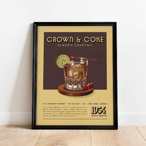 Crown and Coke Cocktail Print , Crown and Coke Cocktail Poster | Barwagen Drucke | Vintage Whisky Poster für Kitchen Bar Cart