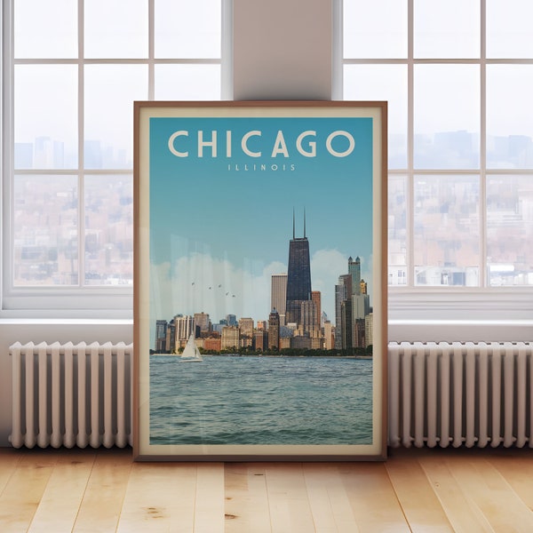 Chicago Skyline Travel Poster Wall Art Print, Chicago Illinois Vintage Housewarming Travel Gift, Retro Chicago Neighborhood Home Decor