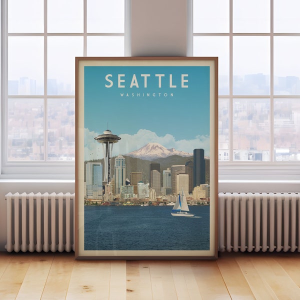 Seattle Poster Print, Seattle Washington State Wall Art Home Decor, Vintage Seattle Print Wall Art, Mount Rainier Wall Art, Seattle Gift