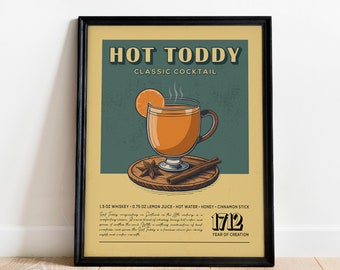 Hot Toddy Cocktail Print, Hot Toddy Cocktail Poster | Bar Cart Prints | Retro Alcohol Prints for Vintage Kitchen