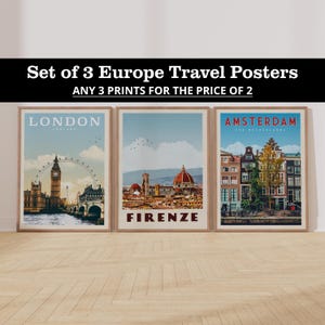 Conjunto de tres carteles de viajes por Europa, conjunto de carteles de viajes antiguos, arte mural de viajes retro, Londres, Italia, Madrid, Florencia, Roma, París