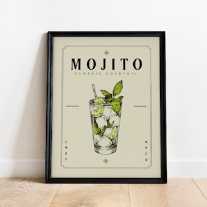 Mojito Cocktail Print, Mojito Cocktail Poster | Barwagen Drucke | Vintage Cocktail Poster Wandkunst für Home Bar Warenkorb Dekor
