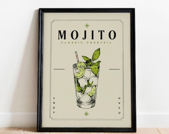 Mojito Cocktail Print, Mojito Cocktail Poster | Bar Cart Prints | Vintage Cocktail Poster Wall Art for Home Bar Cart Decor