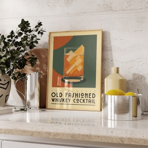 Old Fashioned Cocktail Print, Altmodisches Cocktail Poster, Bar Wandkunst, Barwagen Kunstdrucke, Retro Print, Bar Zubehör, Whisky Geschenk