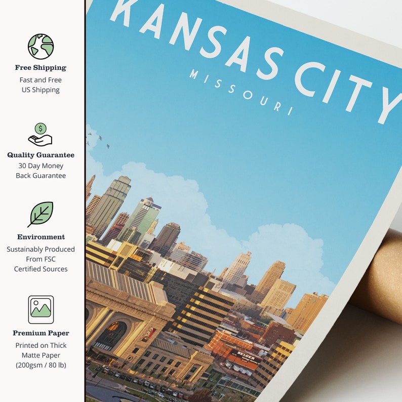 Kansas City Vintage Wall Art, Kansas City Art Print Travel Poster, Kansas City Decor, Kansas City Skyline Poster, Kansas City Missouri Gifts image 3