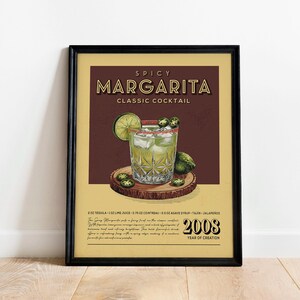 Spicy Margarita Cocktail Print, Spicy Margarita Cocktail Poster | Barwagen Drucke | Vintage Cocktail Art Bar Zubehör für Home Bar Warenkorb