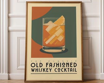 Old Fashioned Cocktail Print, Old Fashioned Cocktail Poster, Bar Wall Art, Bar Cart Art Prints, Retro Print, Bar Accessories, Whiskey Gift