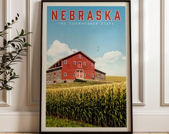 Nebraska Poster, Nebraska Framed Print, Nebraska Wall Art, Nebraska Decor, Nebraska Gift, Lincoln Nebraska Travel Poster, Nebraska Map