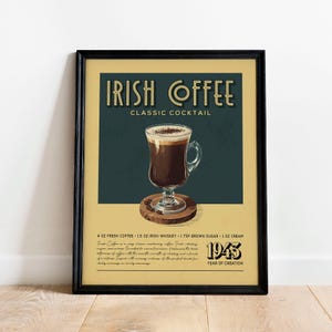Irish Coffee Cocktail Poster, Irish Coffee Cocktail Poster | Barwagen Drucke | Vintage Cocktail Art Bar Zubehör für Home Bar Warenkorb