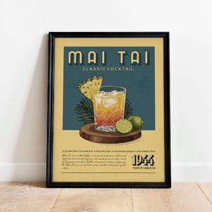 Impresión de cóctel Mai Tai, póster de cóctel Mai Tai / Impresiones de carrito de bar / Póster de receta de cóctel vintage para carrito de bar en casa