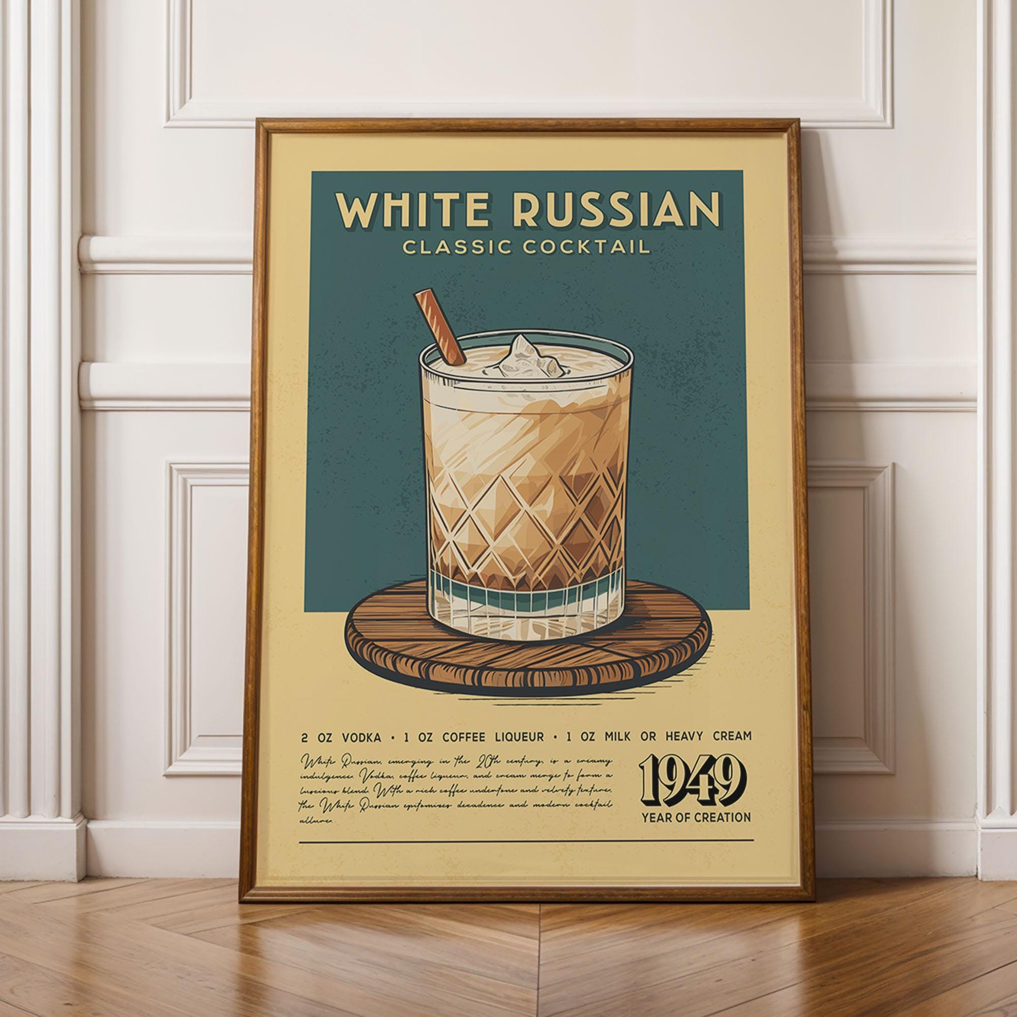 White Russian Cocktail Print, White Russian Cocktail Poster | Bar Cart Prints | Retro Alcohol Prints for Vintage Kitchen
