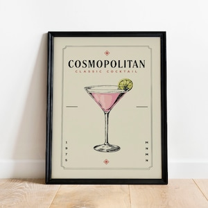 Cosmopolitan Cocktail Print, Kosmopolitisches Cocktail Poster | Barwagen Drucke | Vintage Cocktail Poster Wandkunst für Home Bar Warenkorb Dekor