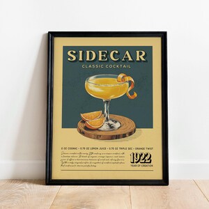 Impresión de cócteles en sidecar, póster de cócteles en sidecar / impresiones de carritos de bar / accesorios de bar de arte de cócteles vintage para el hogar