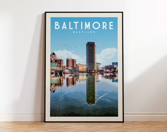 Baltimore Skyline Poster, Baltimore Harbor Print, Maryland Wall Art Decor | Vintage Travel Poster | Retro Baltimore Art for Maryland