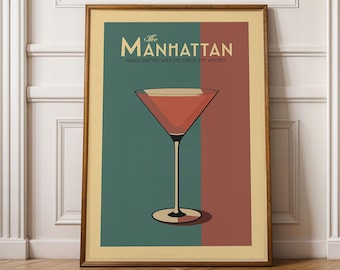 Manhattan Cocktail Print, Manhattan Cocktail Poster, Bar Wall Art, Classic Bar Cart Art Prints, Retro Cocktail Print, Bar Cart Accessories