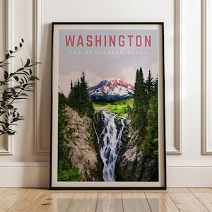Washington State Wall Art, Washington State Travel Poster, Washington State Print, Washington State Map, Mount Rainier, Washington Gift