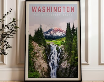 Washington State Wall Art, Washington State Travel Poster, Washington State Print, Washington State Map, Mount Rainier, Washington Gift
