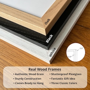 a collection of real wood frames, each with different colors and textures, including oak, black, white, and a plexiglass frame. The frames are described as authentic wood grain, sturdy construction, and comes ready to hang. The image also features a plexiglass frame with a three-class color scheme.