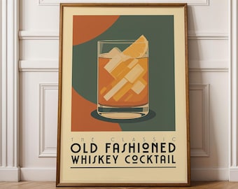 Ouderwetse cocktailprint, ouderwetse cocktailposter, barmuurkunst, barwagen kunstafdrukken, retro print, baraccessoires, whiskycadeau