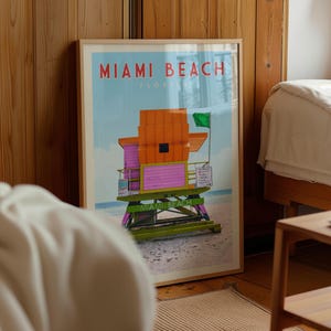 A framed poster of a lifeguard tower on Miami Beach, with the text "MIAMI BEACH" prominently displayed.
