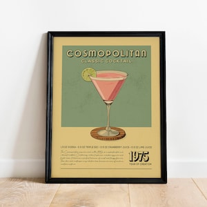 Impresión de cóctel cosmopolita, póster de cóctel cosmopolita, arte de pared de bar, impresiones de arte de carrito de bar, impresión de cóctel retro, accesorios de carrito de bar