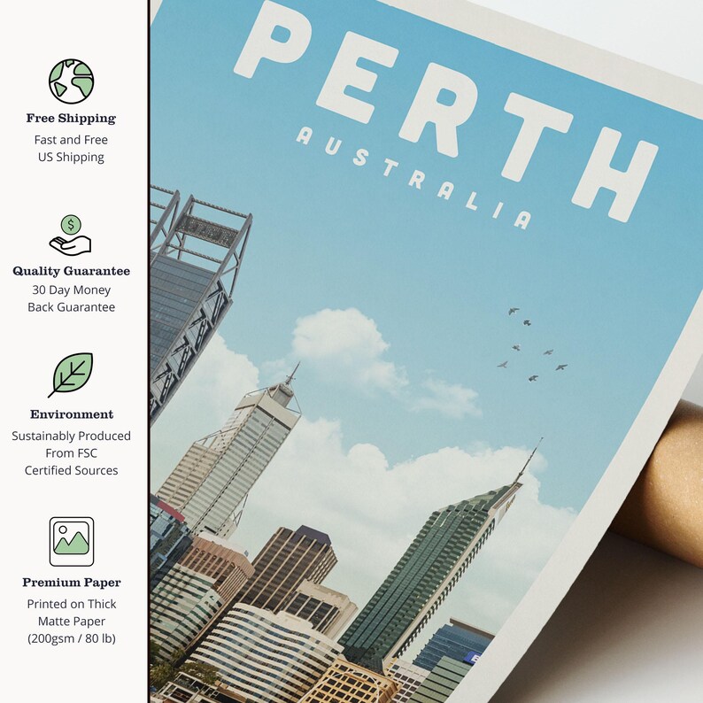 Perth Community Posters Perth Australia Poster, Perth WA Print, Perth Skyline Wall Art ...