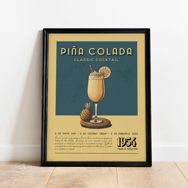 Pina Colada Cocktail Print, Retro Pina Colada Cocktail Poster | Bar Cart Prints | Vintage Kitchen Wall Art for Home Bar Cart