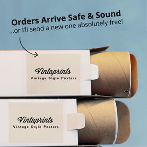 The image is a promotional image for Vintaprints, a company that specializes in vintage style posters. The image features two rolls of paper towels, each with the company's logo and name printed on them. The text above the rolls reads " Orders Arrive Safe & Sound... or I'll send a new one absolutely free!" This suggests that the rolls are free, and the company is offering a special offer for customers to receive a new roll of paper towels along with their purchase.