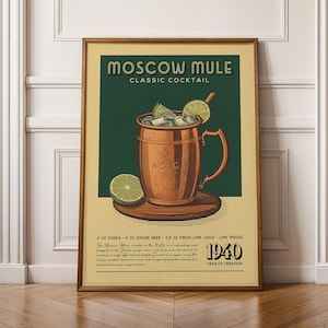 Moscow Mule Cocktail Print, Moscow Mule Cocktail Poster, Bar Wall Art, Classic Bar Cart Art Prints, Retro Cocktail Print, Bar Accessories