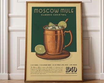 Moskauer Mule Cocktail Druck, Cocktail Poster, Bar Wandkunst, Klassischer Barwagen Kunstdruck, Retro Cocktail Druck, Bar Zubehör